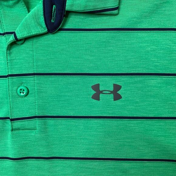 Under Armour Polo Shirt Mens M Medium Kiwi Green Heatgear Loose Fit Striped Golf - Picture 4 of 12